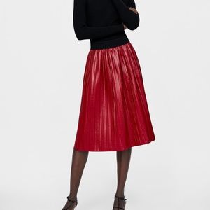Zara Red Wax-Effect Pleated Skirt